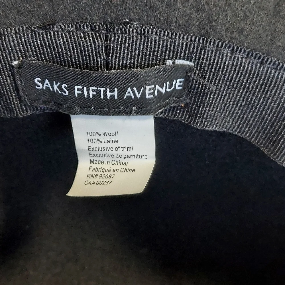 Vintage Saks Fifth Avenue Black 100% Wool Bucket Hat with brown leather accent
